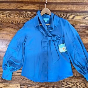 CeCe Blue Satin Blouse with Bow
